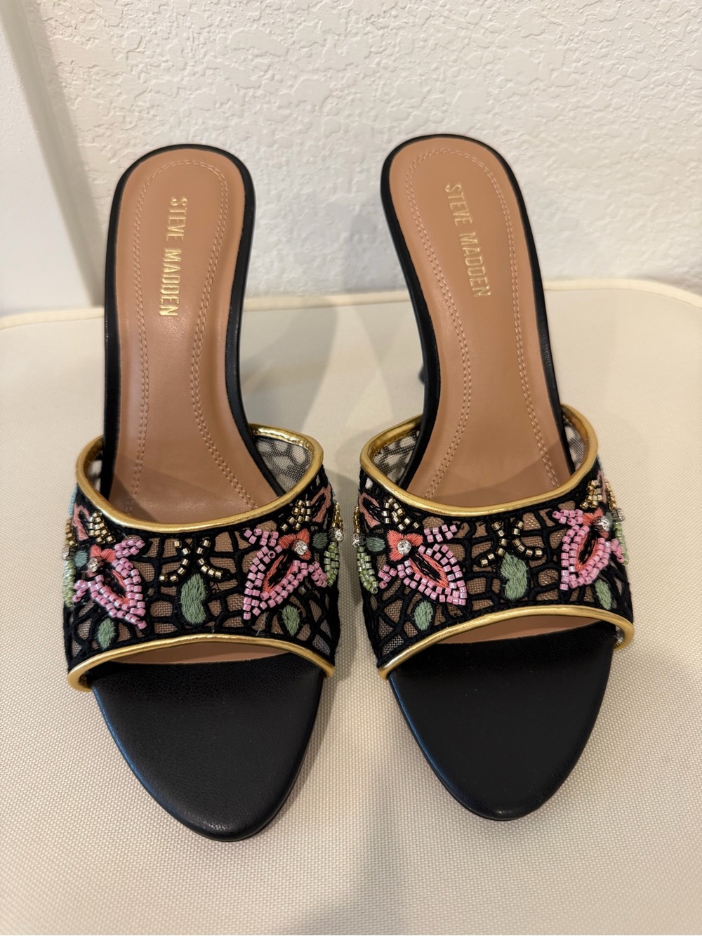 Steve Madden Black Embellished Floral Heels with Gold Trim